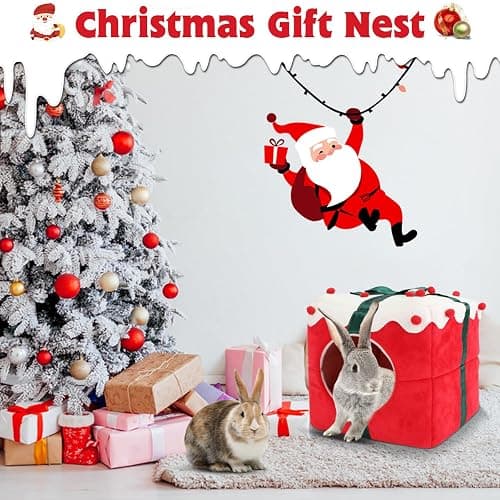 YUEPET Christmas Rabbit Bed Warm Bunny Hideout House, Cozy Washable Small Animal Hideout for Rabbit Bunny Guinea Pig Ferret Chinchilla 11.8"×11.8"×11.8" thumbnail 6