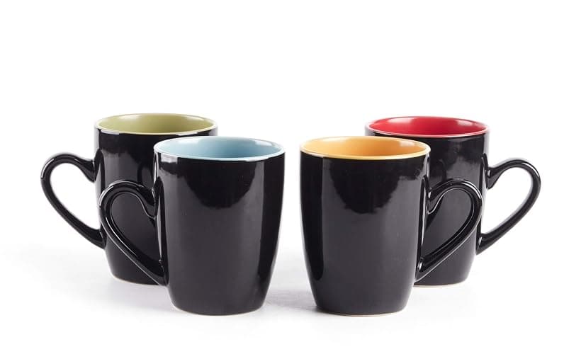 HomeVss Stoneware Two-Tone Colors Life 16pc Dinnerware Set，Outside Shinny Black + Inside Matte Finished Very Funny - 4 Assorted Colors Turquoise, Olive, Curry and Red thumbnail 7