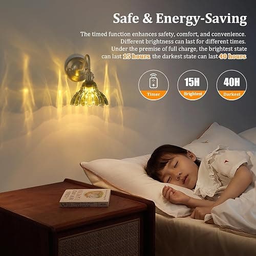 Shenmoyl Battery Operated Wall Sconce Set of 2, Vintage Rechargeable Wall Lights with Green Lily Glass Shade, Wireless Indoor Wall Lamp with Remote for Bedroom Living Room Bathroom thumbnail 5