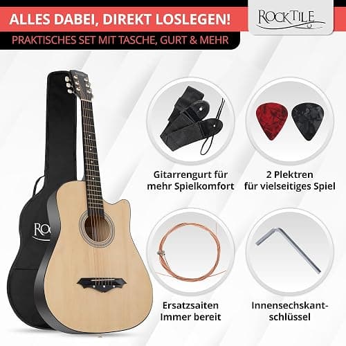Rocktile WSD-5C-NT Slim Line Westerngitarren Set - Dreadnought Akustik Gitarre - Westerngitarre mit Korpus aus Linde - Hals: Catalpa - Set inkl. Tasche, Ersatzsaiten, Gurt und Plektren - Natural thumbnail 6