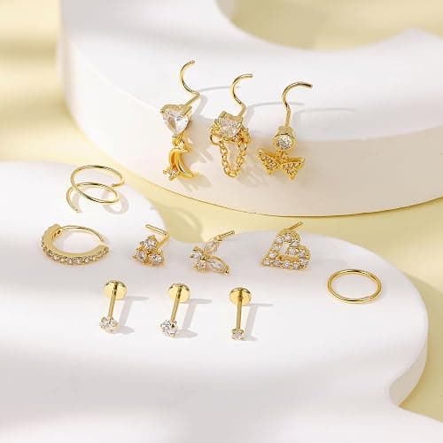 REVOLIA 12Pcs 20G Nose Ring Set 316L Stainless Steel Nose Rings Hoop for Women CZ L Shaped Studs Dangle Heart Butterfly Screw Nose Studs Cute Threadless Flat Back Nose Piercings Jewelry thumbnail 2
