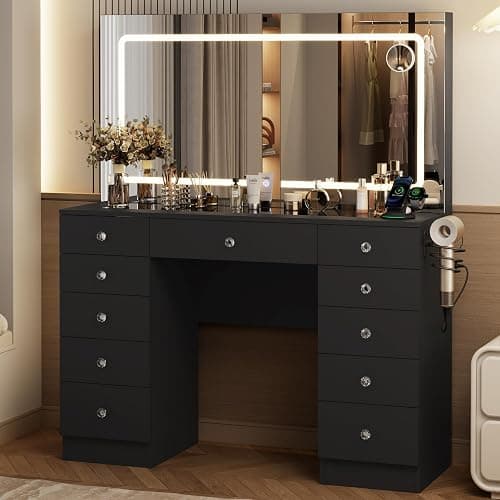Otterease Vanity Desk with Mirror and Lights, 11 Drawers Makeup Vanity Desk with Tempered Glass top, 3 Lighting Modes Adjustable Brightness, Black Vanity with Magnetic 5X Magnifier for Bedroom thumbnail 9