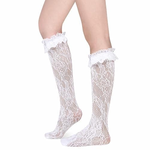 Benefeet Sox Womens Lace Knee High Socks Girls Ruffle Knee Highs Sexy Sheer Trouser Socks Black White Mesh Fishnet Stockings thumbnail 5