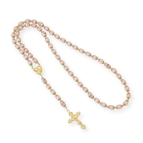 Nazareth Store Catholic Blue Crystal Beads Gold Rosary Flowers Beaded Necklace Miraculous Heart Locket Medal & Cross Religious Women Men Amulet thumbnail 2