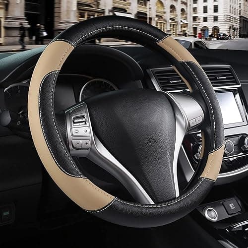 Leather Car Steering Wheel Cover, Non-Slip Car Wheel Cover Protector Breathable Microfiber Leather Universal Fit for Most Cars(Beige) - Image 1