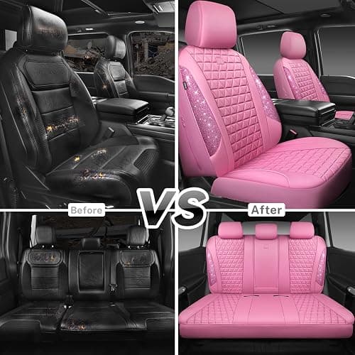 CAR PASS Bling Diamond Pink Leather Car Seat Covers Full Sets Interior Sets, Waterproof Shining Glitter Sparkly Crystal Universal Armrest Fit for Automotive Truck SUV Cute Women Girl, Pink Rhinestone thumbnail 6