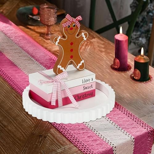 Pink Christmas Decorations 4 PCS Gingerbread Table Centerpieces, Cute Girlie Tabletop Christmas Decor for Tiered Tray Shelf Fireplace Mantel Office Desk Holiday Wood Faux Book Gingerbread Girl Sign thumbnail 2