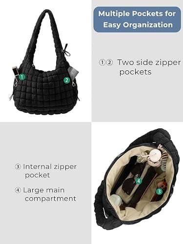 Quilted Tote Bag for Women, Nylon Puffy Hobo Crossbody Shoulder Bag Purse | Adjustable Strap,Zipper Pockets, Fits 13-Inch Laptop, Handbag, Teacher, Nurse, Student, Work, Travel, College, Gym,Gift thumbnail 4