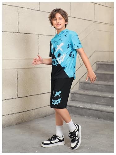 WDIRARA Boy's Two Piece Graphic Print Hooded Neck Tops and Track Shorts Clothing Set thumbnail 4