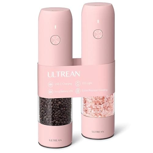 Ultrean Electric Pepper Grinder, Rechargeable Salt and Pepper Grinder with 6 Adjustable Coarseness, Automatic Grinder for Kitchen, LED Light, Christmas Gifts for Women, Pink - Image 1