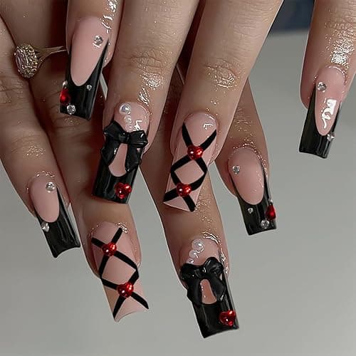 HOSAILY Black French Tips Press on Nails Medium Long Square, 3D Bling Glossy Cute Bow Red Heart Rhinestone Design Pink Nude Handmade Fake Nail, Salon Manicure Full Cover Stick on Nails