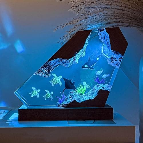 Orca Ocean Resin Lamp, Handmade Wooden Table Resin Night Light, USB Port Art Ornaments for Home Office Decor, Scuba Diver Gifts for Holiday, Unique Birthday Gifts for Mom Grandma Brother Sister thumbnail 3