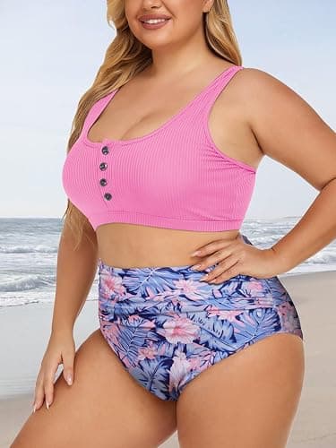 Summer Mae Plus Size Women Ribbed Bikini Set Two Piece High Waist Swimsuit Scoop Top Tummy Control Bathing Suit Swimwear - 22 Plus - Peach Blossoms thumbnail 3