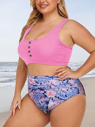 Summer Mae Plus Size Women Ribbed Bikini Set Two Piece High Waist Swimsuit Scoop Top Tummy Control Bathing Suit Swimwear - 22 Plus - Peach Blossoms thumbnail 3