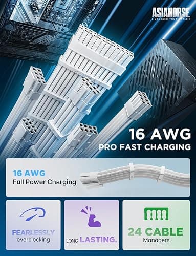 AsiaHorse Power Supply Sleeved Cable, 16 AWG PSU Extension Cable Kit of White Connector, 1x24Pin/2x4+4 EPS/3x6+2 PCI-E, 30cm Length with Combs-White thumbnail 3
