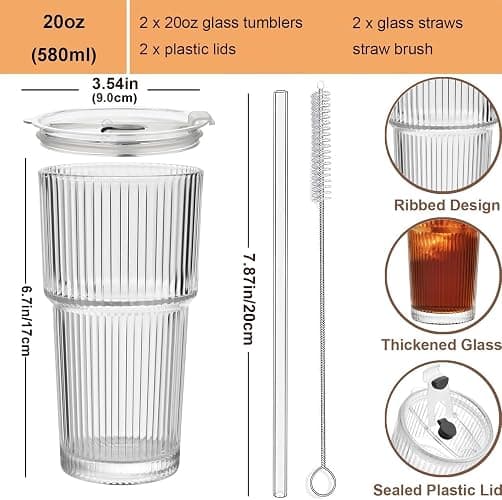 ALINK 2 Pack 20 oz Ribbed Glass Tumblers with Lids and Straws Glassware Cups Set, Thickened Glass, Ideal for Iced Coffee, Smoothies, Cocktails,Juices thumbnail 3