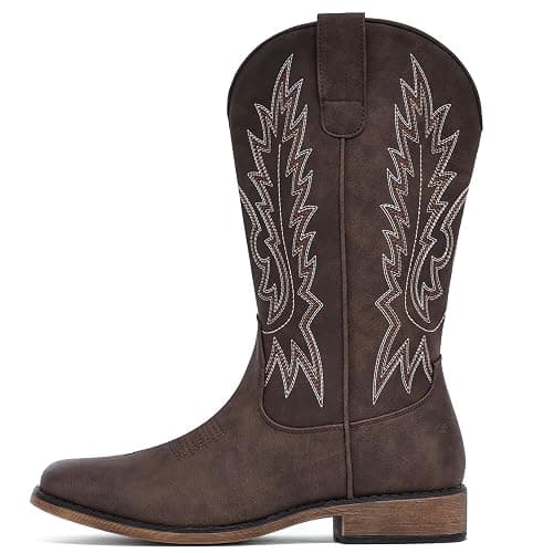 IUV Cowboy Boots For Women Square Toe Western Boots Mid Calf Cowgirl Boots Pull On Embroidered Brown Cowboy Boots - 4.5 - Dark Brown thumbnail 2