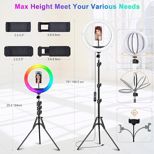 STALLY 10.2" Ring Light with Stand, 75" Tall Ring Light with Phone Holder and Wireless Remote, 12 Dimming Levels, 32 Color Modes Selfie Light Tripod for iPhone, Live Stream, Makeup, YouTube, TikTok thumbnail 6