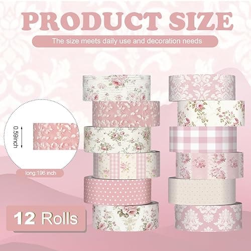 YooNotee 12 Rolls Watercolor Floral Washi Tape Set 15 mm Vintage Flower Decorative Masking Tape for Spring Arts DIY Craft Scrapbook Journal Supplies Gift Wrapping(Light Pink,Polka Dots and Floral) thumbnail 2