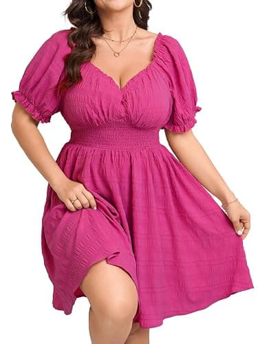 SCOMCHIC Womens Plus Size Summer Dresses Casual Sun Dress Sweetheart V Neck Puff Short Sleeve Smocked A Line Mini Dress - Image 1