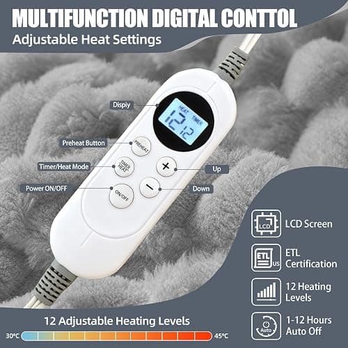 Eastsora Heated Blanket Throw 50" x 60" Soft Ribbed Faux Fur Flannel Fast Heating 12 Heat Levels 1–12H Timer & Overheat Protection & Auto Shut-Off & ETL FCC & Machine Washable Heated Throw thumbnail 2