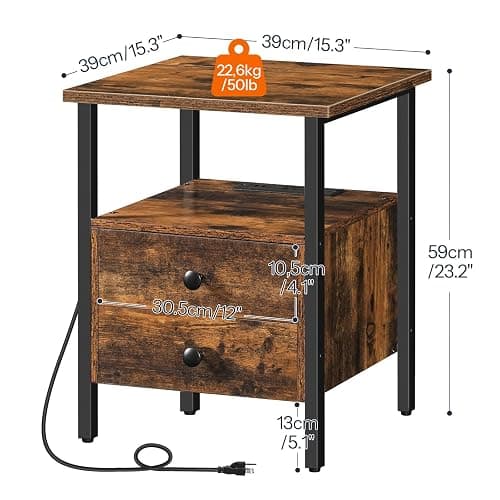 HOOBRO End Table Set of 2 with Charging Station, Bedside Table with 2 Drawer & USB Ports & Type-C Port, Nightstand for Small Spaces, Stable and Sturdy, for Living Room, Rustic Brown BF43UBZP201 thumbnail 3