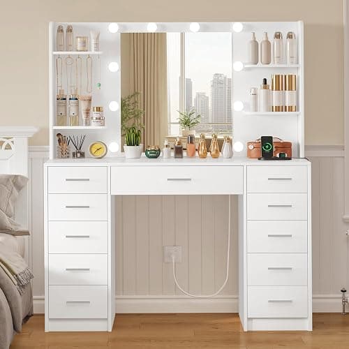 TEENFON Makeup Vanity with 11 Drawers, Vanity Desk with Mirror and Lights, 6 Shelves, 5 Jewel Hooks, Vanity Table with Power Strip for Bedroom, Livinng Room, White - Image 1