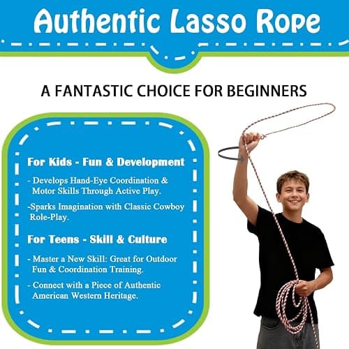 Cowboy Lasso Rope for Kids with Pre-Tied Loop, 20' - 9mm Unwaxed Lariat Roping Rope Toy for Indoor Outdoor Western Play & Costume Prop (Red Light Blue) thumbnail 2