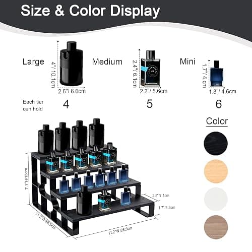 4 Tier Perfume Organizer for Dresser,Black Wood Cologne Stand for Men,Mens Shelf Decor for Bedroom,Perfume Holder for Bathroom,Risers Display Stands for Makeup,Party,Figures,Cupcake(Width=11.2") thumbnail 2