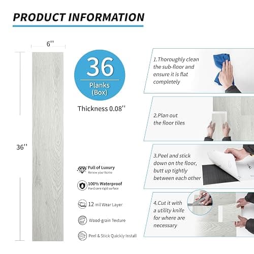 Art3d Peel and Stick Floor Tile Vinyl Wood Plank 36-Pack 54 Sq.Ft, White-ash, Rigid Surface Hard Core Easy DIY Self-Adhesive Flooring thumbnail 6
