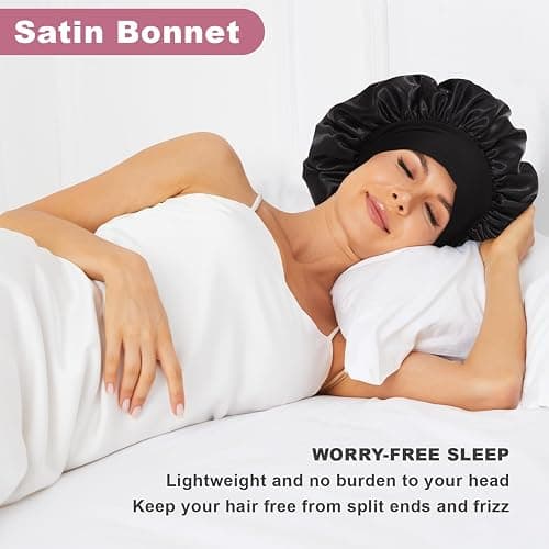 4Pcs Satin Bonnet Silk Bonnet, Hair Bonnet for Sleeping, Elastic Wide Band Sleep Cap, Soft and Breathable Silk Hair Wrap for Sleeping (Black Purple Rose Leopard) thumbnail 2