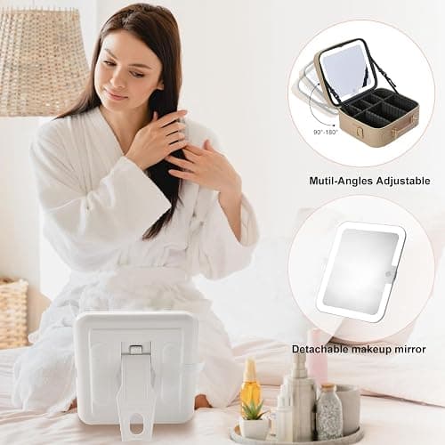 Mocado Travel Makeup Bag with LED Lighted Mirror,Travel Makeup Organizer,Makeup Case with 3 Color Lighted Setting and 10x Magnifying Mirror,Portable Storage and Adjustable Dividers Makeup Box(Khaki) thumbnail 6