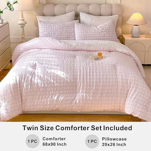 tohrisa Boho Comforter Set Twin Size - 2 Pieces Lightweight Jacquard Seersucker Bedding Sets (1 Soft Fluffy Grid Comforter & 1 Pillowcase) - All Seasons Cozy Modern Bed Set(68"x90" Blush Pink) thumbnail 5