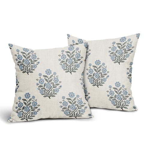 Grandmillennial Pillow Covers 18x18 Inch Set of 2 Blue Floral Block Print Cotton Linen Decorative Throw Pillow Case Grand Millennial Cushion Cover for Bedroom Sofa Living Room Chair Home Decor thumbnail 4