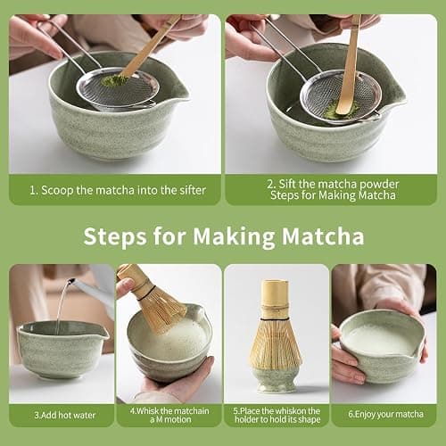 5 PCS Matcha Whisk Set, Green Matcha Set Includes Bamboo Chasen Whisk, Ceramic Tea Bowl, Scoop, Strainer and Matcha Whisk Holder, Handcrafted Japanese Tea Set Matcha Kit for Matcha Lovers thumbnail 8