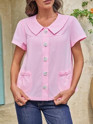 Tankaneo Womens Peter Pan Collar Button Down Shirts Short Sleeve Summer Casual Babydoll Blouse Cute Trendy Cotton Preppy Tops thumbnail 2