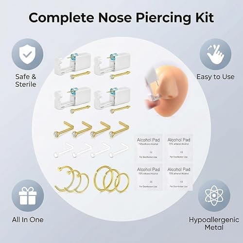 DJCIW 22PCS Nose Piercing Kit, Nose Piercing Guns with Preloaded 316L Stainless Steel 20G Nose Studs, UV Nose Screw Studs, and Nose Hoop Rings 6mm 8mm 10mm for Men Women Nose Piercing Golden thumbnail 3