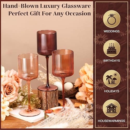 Melanin Colored Square Wine Glasses Set of 6, Elegant Ribbed Design Amber Crystal Glassware with Long Stem, 11.5oz Hand Blown Red & White Wine Stemware For Home Bar Deco,Party,Wine Dinner- Multicolour thumbnail 6