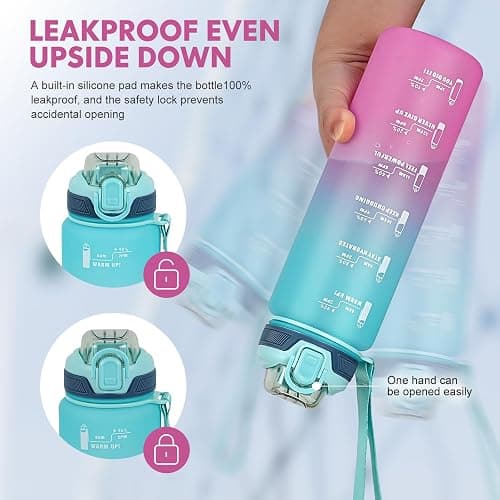 SEASEVEN 1L Water Bottle with Straw,Plastic Drinks Bottle,1 Litre Sports Water Bottles with Time Markings,Girls Boys Waterbottle Leak-Proof & Bpa-Free for Gym,Cycling, Office (Cyan-Pink) thumbnail 4