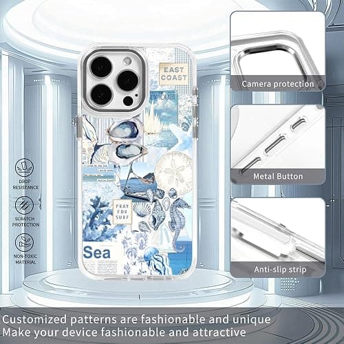 TnXee Cases for iPhone 15 Pro,Compatible with MagSafe,Classic Clear Shockproof Protection Magnetic Phone Case - Seashell Ocean Blue Retro Collage thumbnail 6