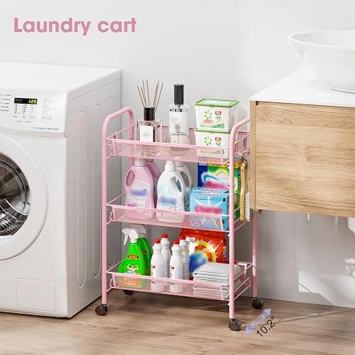 TOOLF 3 Tier Rolling Cart, Metal Utility Storage Cart with Wheels, Pink | 3 Hooks, Screwless Assembly, Trolley Organizer for Bathroom, Kitchen, Office, Nursery, Dorm, Laundry Room thumbnail 8