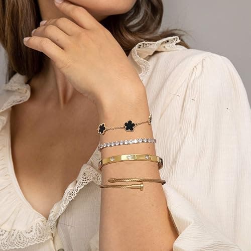 Lamdo 18K Gold Plated Womens Stackable Floral Gold Clover Bracelets Set Love Bangle Bracelets Non Tarnish, Gold Bracelet Set Trendy Jewelry,Gifts for Women's Day and Mother's Day - Gold - One Size thumbnail 7