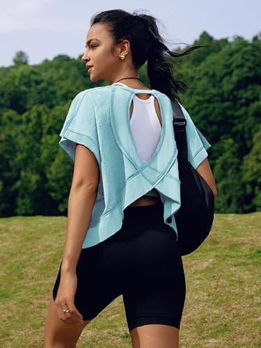 SENSERISE Womens Open Back Workout Tops Backless Short Sleeve Athletic Shirt Running Crop Top Gym Yoga Tee thumbnail 5