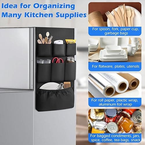 FENYUAN Dorm Room Essentials Mini Fridge Storage, 14 Pockets and Paper Goods Organizer, Dorm and Office Over the Fridge Caddy Organizer, College Essentials Flatware Storage Organizer - Black - 63IN - Black thumbnail 5