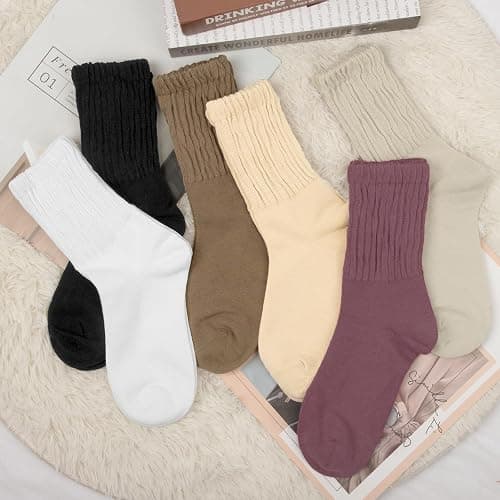 Chalier 6 Pairs Slouch Socks for Women, Soft Cotton Retro Scrunch Socks Mid Calf Rib Tube Sock Women thumbnail 2