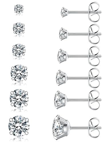 6 Pairs Stud Earrings Set, Hypoallergenic Cubic Zirconia 316L Earrings Stainless Steel CZ Earrings 3-8mm (Steel color) - Image 1