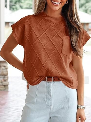 Saodimallsu Womens Summer Mock Neck Sweater Cap Sleeve Lightweight Sweater Vest Casual Loose Knit Pullover Tank Tops thumbnail 2