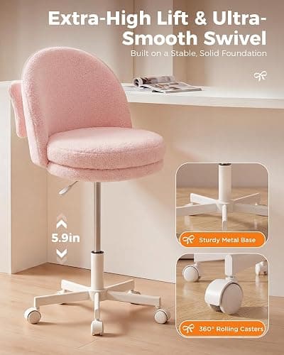 GTPLAYER Velvet Tall Office Chair with Wheels Vanity Chairs with Back, Versatile Height Use: Office to Bar Stools Small Ergonomic Comfy Armlees Computer Desk Chair with Bow Lumbar Pillow for Gift thumbnail 7