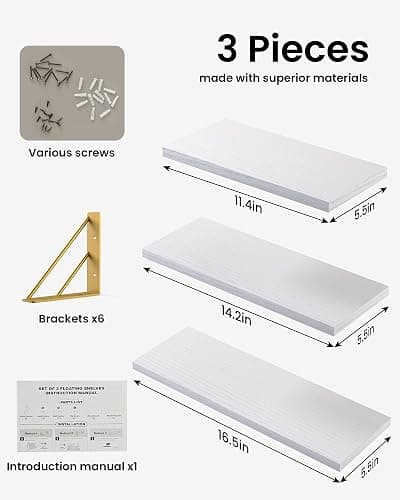 BAYKA Wall Shelves for Bedroom Decor, Floating Wall Shelves for Living Room Kitchen Storage, Wall Mounted Rustic Wood Shelves for Kids Books,Corner Shelves for Bathroom(White and Gold，Set of 3) thumbnail 3