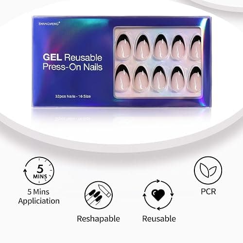 SHANGMENG Black French Tip Press on Nails Almond - Soft Gel Short Press on Nails for Women Gift, Fit Perfectly & Natural Reusable Stick on Nails in 16 Sizes - 32 Fake Nails with Glue, French Black thumbnail 4